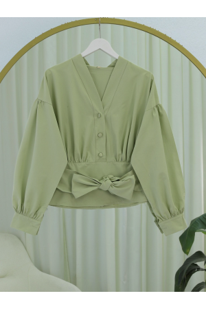 Half Buttoned Waist Belted Poplin Shirt -Sea green