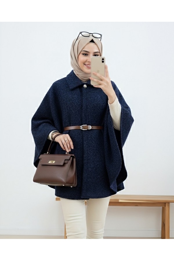 Single Buttoned Belted Bearded Poncho -Navy blue