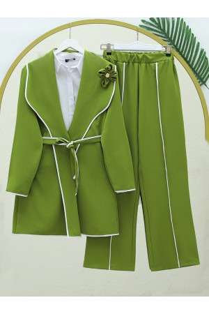 Kemerli Biyeli Pantolonlu Takım -F.Yeşili