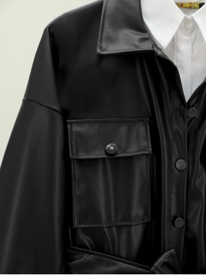 Beli Bağlamalı Çift Cepli Deri Gömlek -Siyah