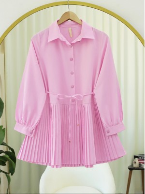 Yarım Düğmeli Beli Bağlamalı Piliseli Gömlek   -Pudra