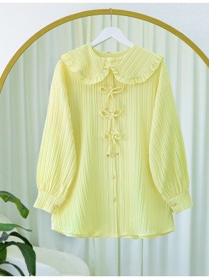 Önü Kurdele Detaylı Düğmeli Önlük Yaka Gömlek -Açık Sarı