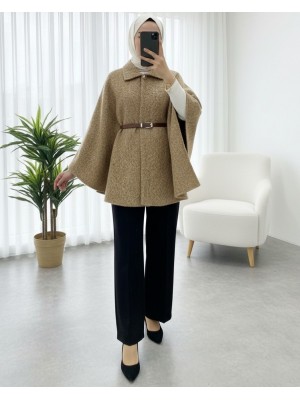 Tek Düğmeli  Beli Kemerli  Sakallı Panço  -Vizon