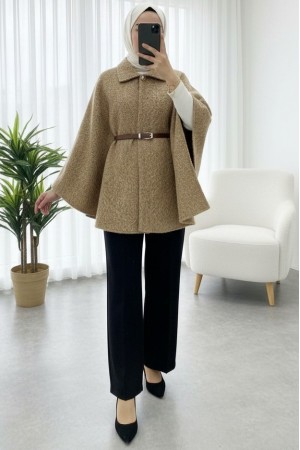Single Buttoned Belted Bearded Poncho -Mink color