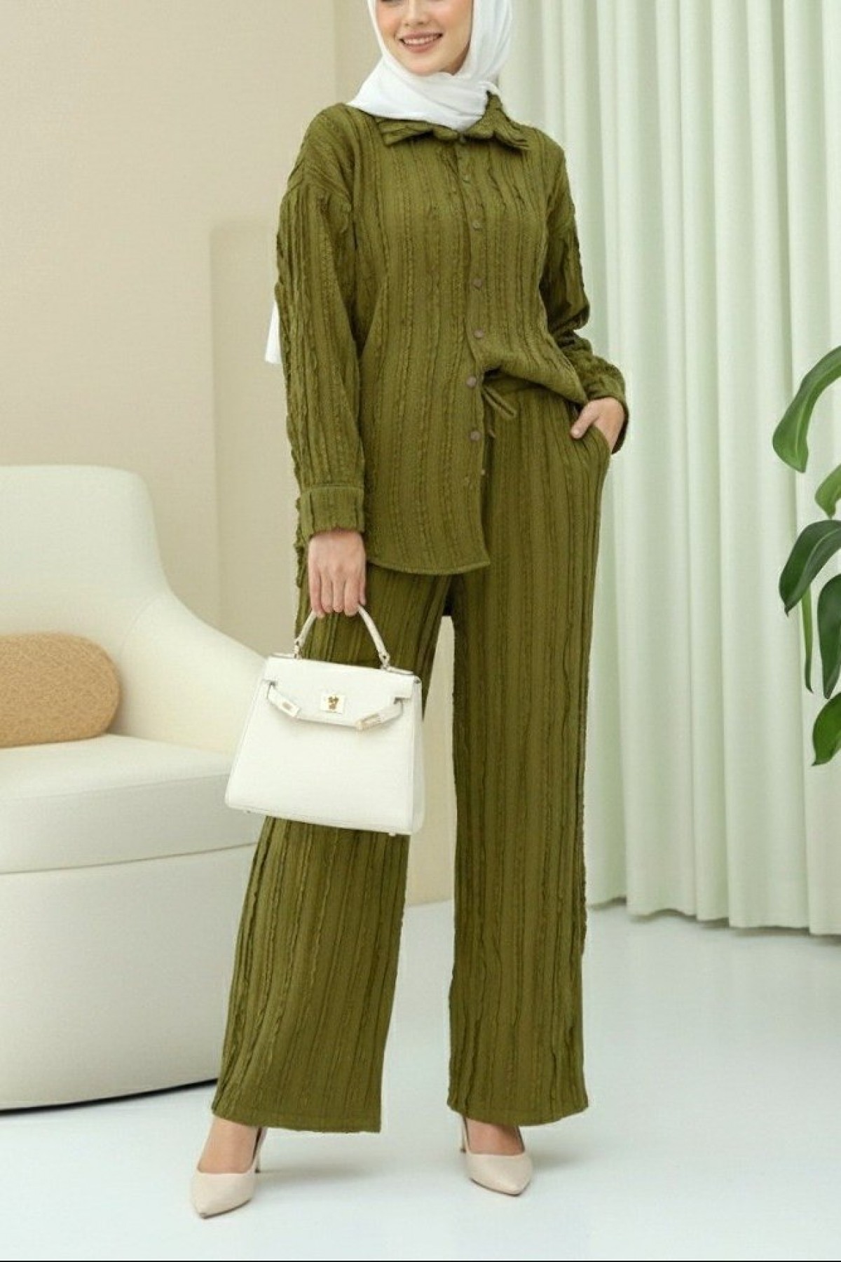 Textured  Buttoned Vertical Striped Trouser Shirt Set  -Oil Green