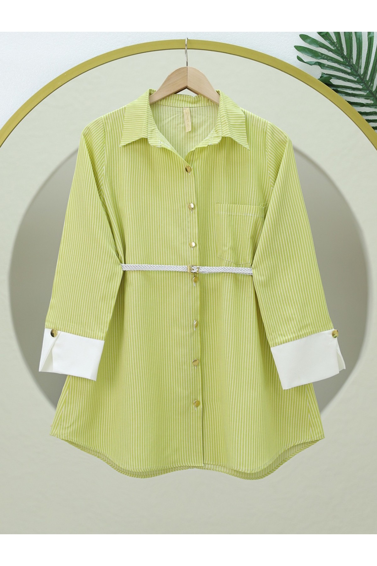 Striped Tie Waist Button-Down Shirt -Oil Green