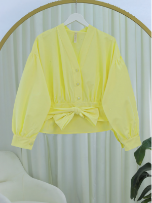 Yarım Düğmeli Beli Kuşaklı Poplin Gömlek -Açık Sarı