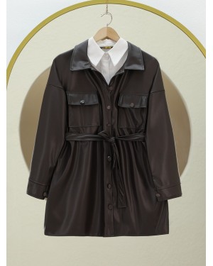 Waist Tied Double Pocket Leather Shirt -Dark Coffee
