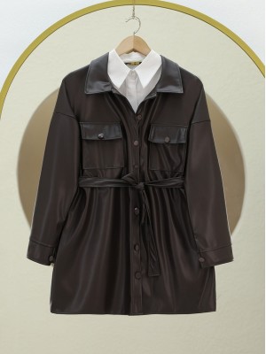 قميص جلدي بجيب مزدوج على الخصر -بني محروق