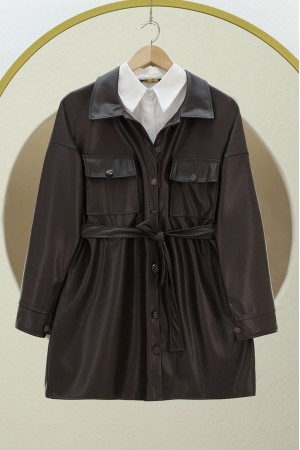 Beli Bağlamalı Çift Cepli Deri Ceket -K. Kahve