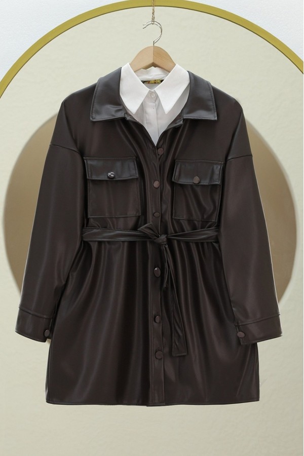 Waist Tied Double Pocket Leather Shirt -Dark Coffee