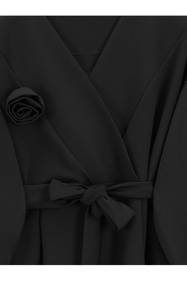 Belted Waist Cross Collar Balloon Sleeve Set -Black