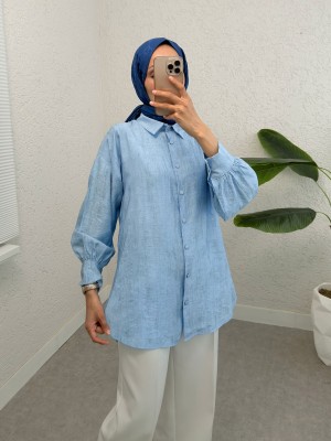Yırtmaçlı Eteği Oval Kesim Gömlek -Bebe Mavi