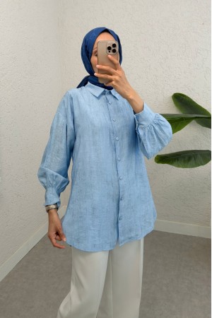 Yırtmaçlı Eteği Oval Kesim Gömlek -Bebe Mavi