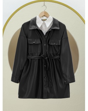 قميص جلدي بجيب مزدوج على الخصر -أسود