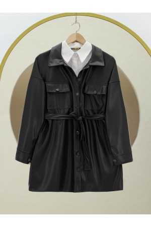 Beli Bağlamalı Çift Cepli Deri Ceket -Siyah