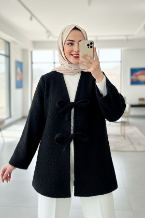 Önü Bağlamalı Sakallı Kimono -Siyah