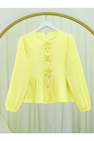 Buttoned Blouse with Elastic Sleeves and Bow Detail on the Front -Light yellow