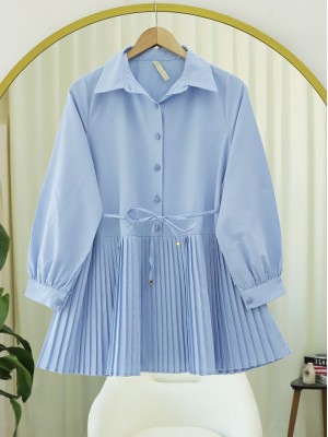 Yarım Düğmeli Beli Bağlamalı Piliseli Gömlek  -Bebe Mavi