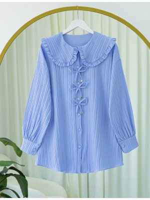 Önü Kurdele Detaylı Düğmeli Önlük Yaka Gömlek -Mavi