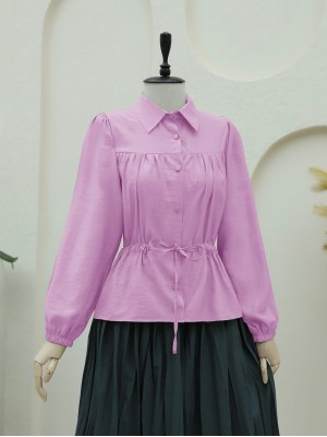 Tünel Bağcıklı Düğmeli Gömlek Bluz -Pembe