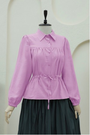 Tünel Bağcıklı Düğmeli Gömlek Bluz -Pembe