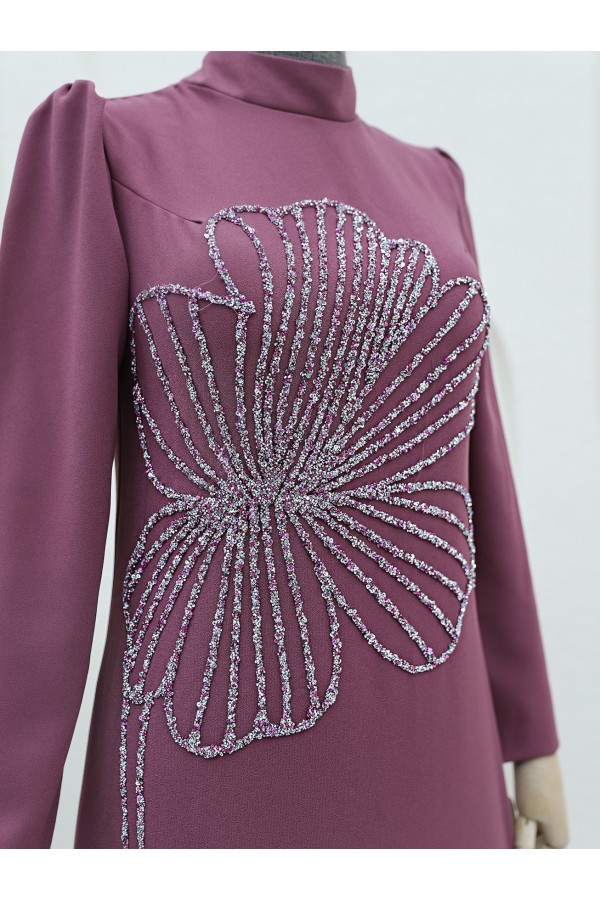 Clover Stone Patterned High Collar Crepe Evening Dress -Dried rose