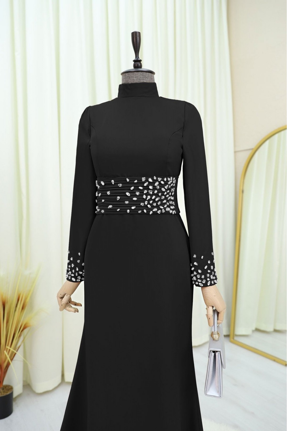 Corset Belted Stoned Satin Evening Dress -Black