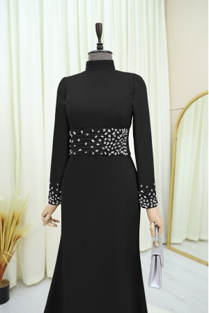 Korse Kemerli Taşlı Saten Abiye  -Siyah