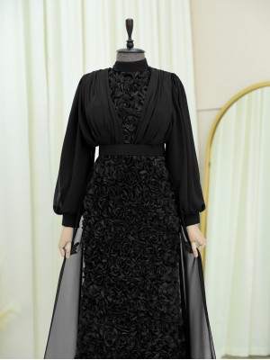 Embossed Rose Back Chiffon Detailed Belted Evening Dress -Black