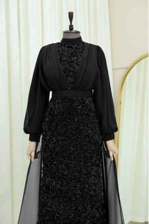 فستان سهرة من الشيفون المنقوش بالورود مع حزام -أسود