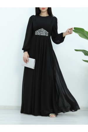 Önü Drapeli Beli Bağlamalı Taş Detaylı Abiye -Siyah