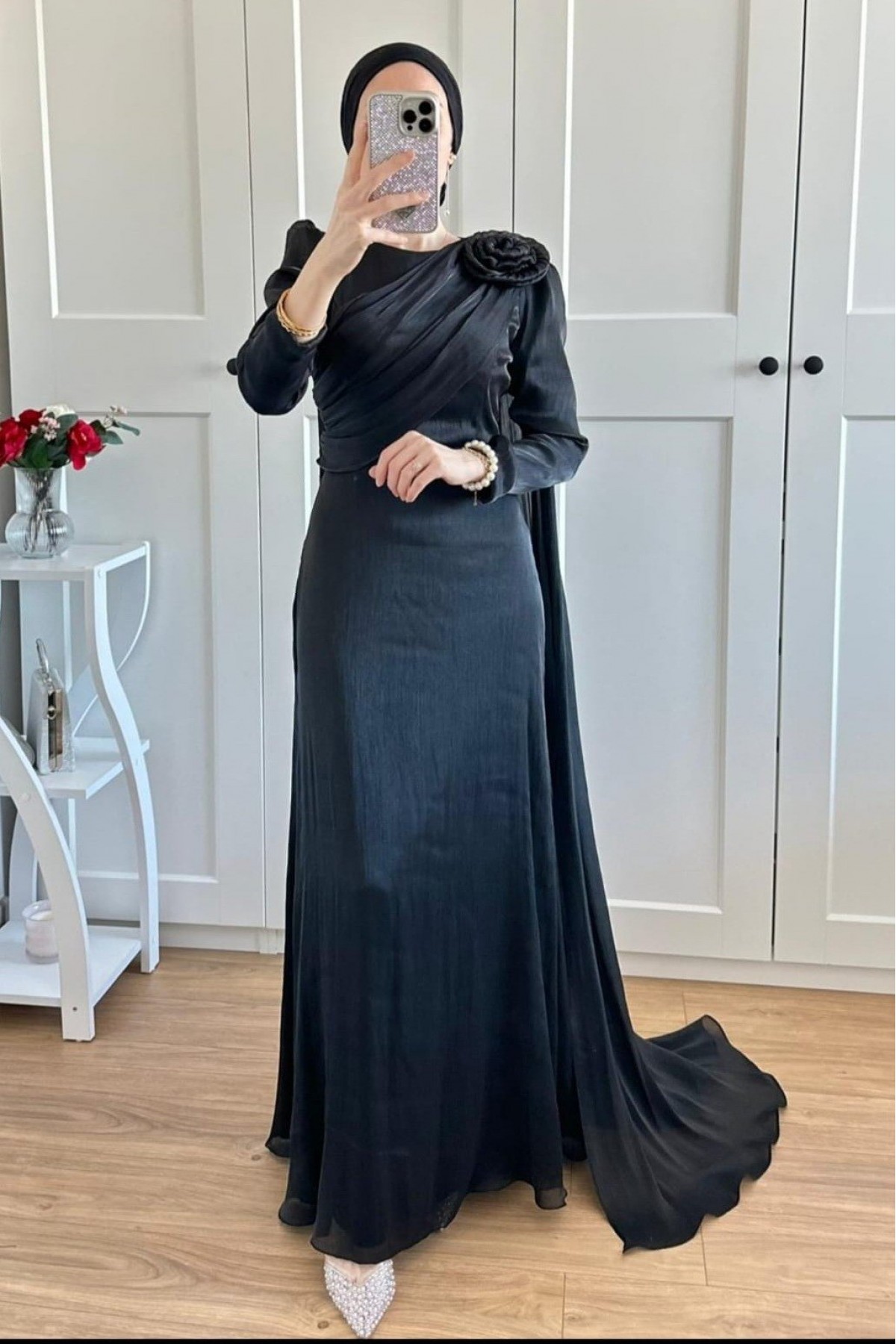 Chiffon Evening Dress with Rose Detail on Shoulder -Black