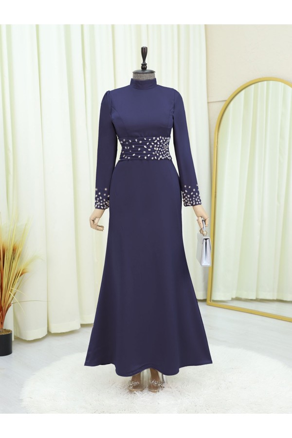 Corset Belted Stoned Satin Evening Dress -Navy blue