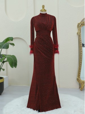 Kolu Tüylü Önü Çift Kuyruklu Abiye -Bordo