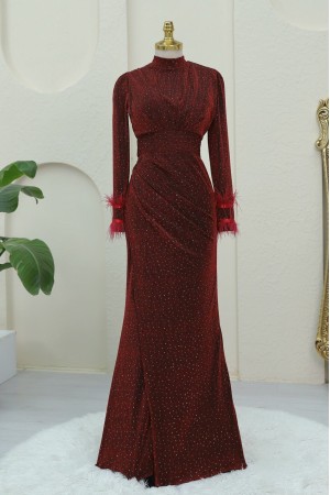 Kolu Tüylü Önü Çift Kuyruklu Abiye -Bordo