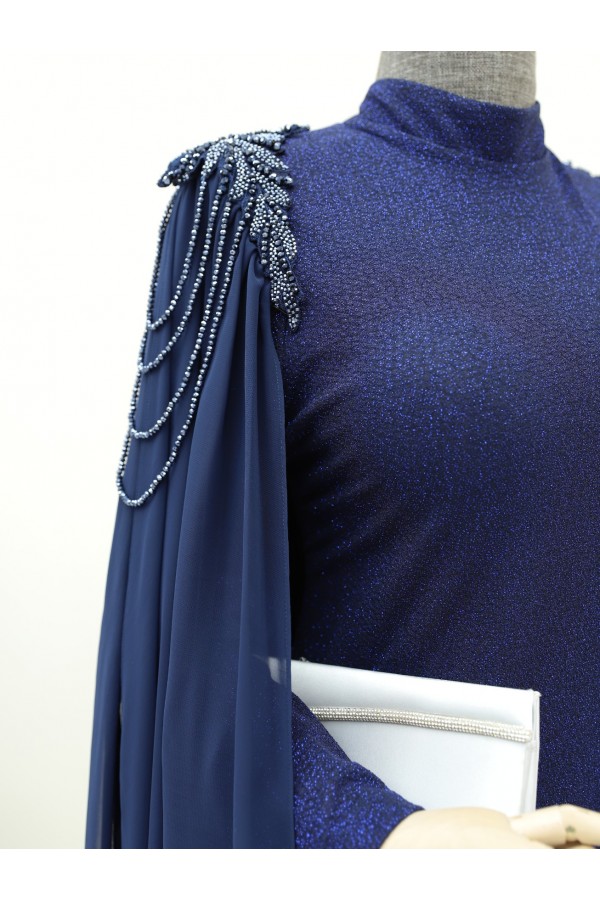 Beaded Shoulder Glitter Princess Evening Dress -Navy blue