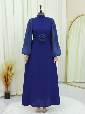 Balloon Sleeve Cuff Elastic Rose Belted Dress -Navy blue