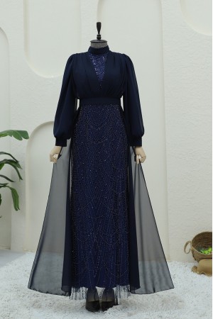 Boncuk Ve Pul Detaylı Kemerli Şifon Abiye -Laci