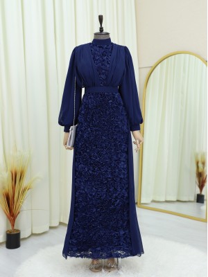 Embossed Rose Back Chiffon Detailed Belted Evening Dress -Navy blue