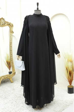 Beaded Shoulder Glitter Princess Evening Dress -Black