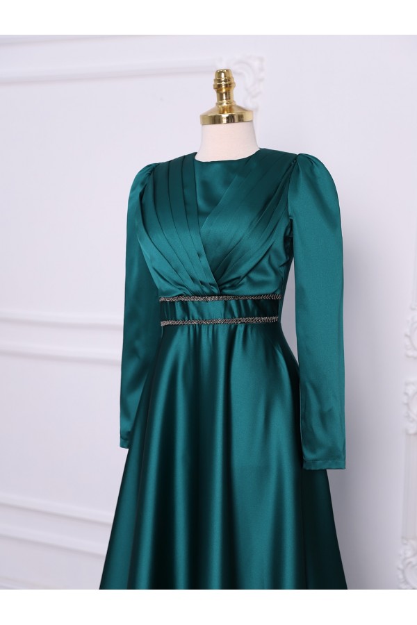 Front Draped Waist Beaded Satin Evening Dress -Emerald