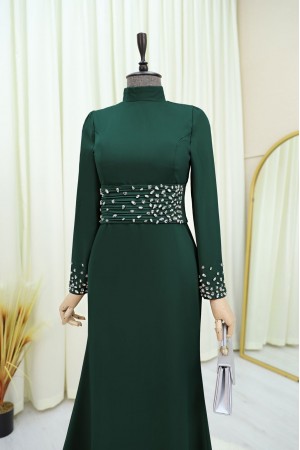 Korse Kemerli Taşlı Saten Abiye  -Zümrüt
