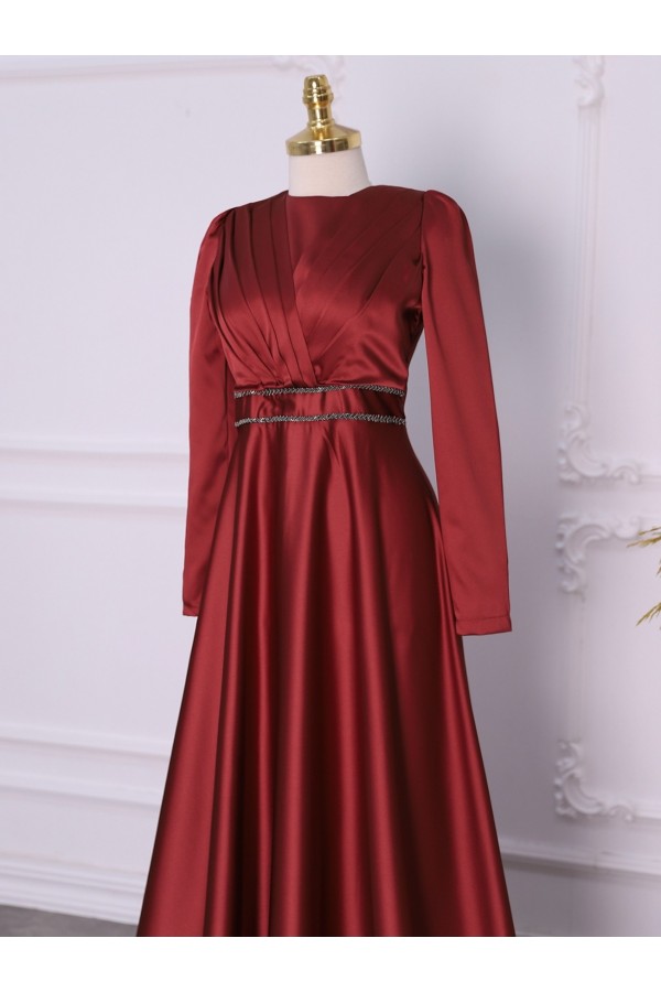 Front Draped Waist Beaded Satin Evening Dress -Red