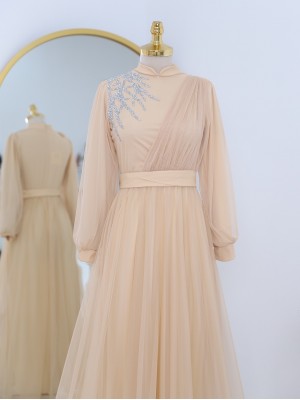 Önü Taş Detaylı Drapeli Kemerli Tül Abiye    -Bej