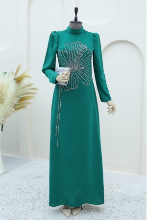 Yonca Taş Desenli Dik Yaka Krep Abiye -Yeşil