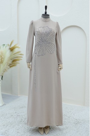 Yonca Taş Desenli Dik Yaka Krep Abiye -Açık Vizon