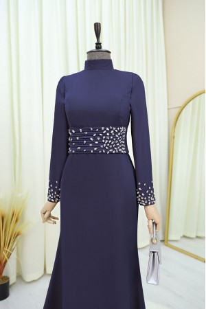 Korse Kemerli Taşlı Saten Abiye  -Laci