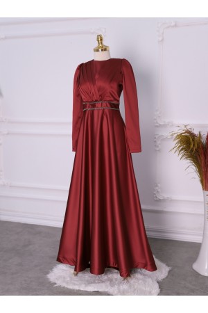 Front Draped Waist Beaded Satin Evening Dress -Red