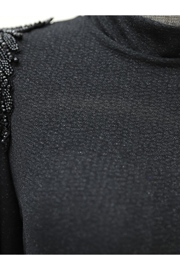 Beaded Shoulder Glitter Princess Evening Dress -Black